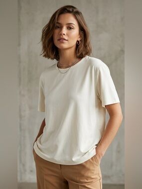 HANA by Tamotsu off white Short Sleeve Crew Neck Top Minimalist Capsule Small‎